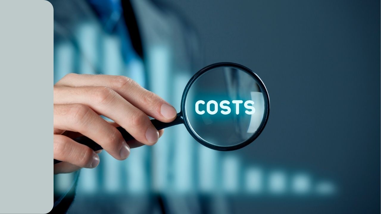 Analyst is holding a magnifying glass over a chart with the word "costs" highlighted